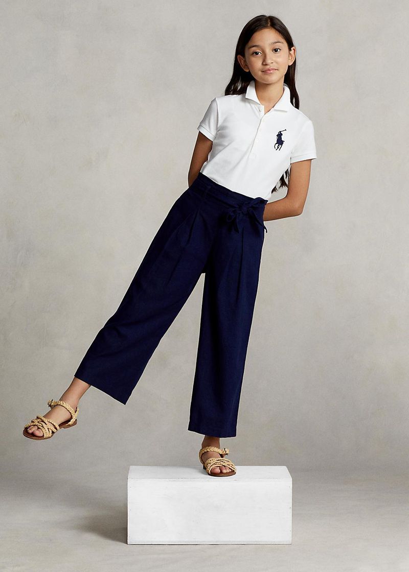 ラルフ ローレン パンツ ガール ネイビー 7-14 年 リネン-blend Wide-leg Cropped YJIUR4572